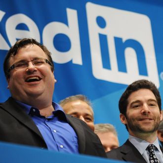 Linkedin founder Reid Garrett Hoffman (L) and CEO Jeff Weiner (R) just before ringing the opening bell of the New York Stock Exchange May 19, 2011 during the initial public offering of the company. 