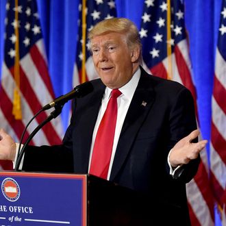 US President-elect Donald Trump speaks during a press conference January 11, 2017 at Trump Tower in New York. Trump held his first news conference in nearly six months Wednesday, amid explosive allegations over his ties to Russia, a little more than a week before his inauguration. 