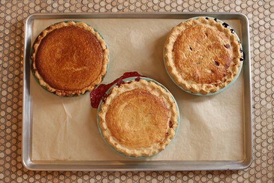 A tray of Montmorency cherry, wild blueberry, and chess pie.