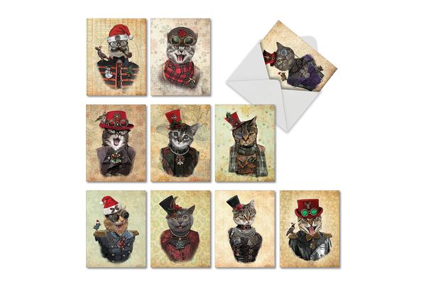 M6554XSB Christmas Steampunk Cats: 10 Assorted Blank Christmas Note Cards