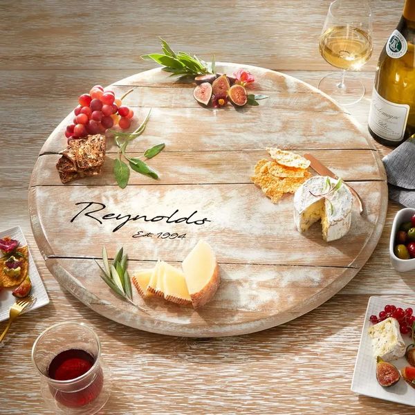 Wine Enthusiast Personalized Whitewashed Barrel Head Lazy Susan