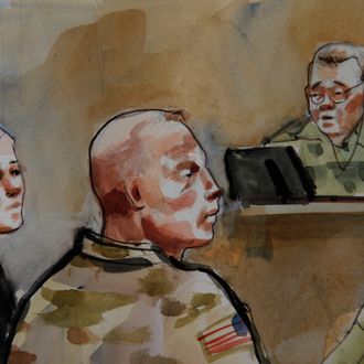 In this detail of a courtroom sketch, U.S. Army Staff Sgt. Robert Bales, center, is shown Monday, Nov. 5, 2012, during a preliminary hearing in a military courtroom at Joint Base Lewis McChord in Washington state. Bales is accused of 16 counts of premeditated murder and six counts of attempted murder for a pre-dawn attack on two villages in Kandahar Province in Afghanistan in March 2012. At right is Investigating Officer Col. Lee Deneke, and at left is Bales' attorney, Emma Scanlan. (AP Photo/Lois Silver) TV OUT