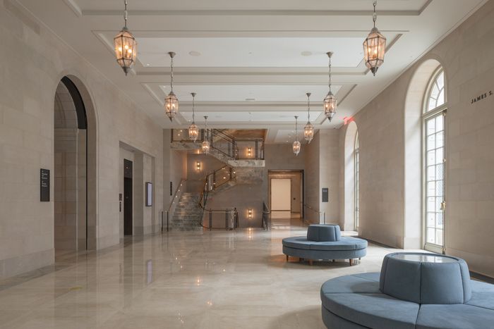 The new reception hall with its ornate custom-built lanterns.