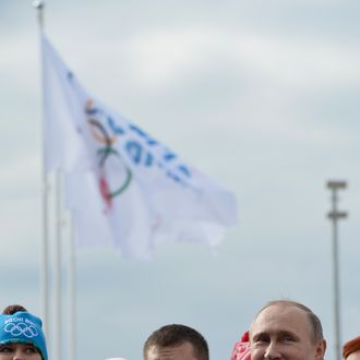 SOCHI, RUSSIA - FEBRUARY 05: Russian President Vladimir Putin visits the Coastal Cluster Olympic Village ahead of the Sochi 2014 Winter Olympics on February 5, 2014 in Sochi, Russia. (Photo by Pascal Le Segretain/Getty Images)