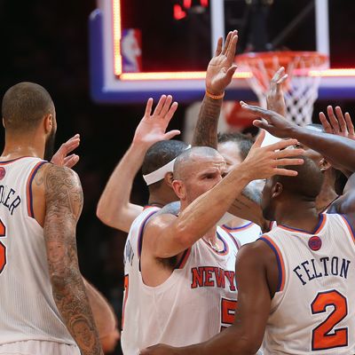 The New York Knicks celebrate their 112-106 victory over the Denver Nuggets at Madison Square Garden on December 9, 2012 in New York City. 