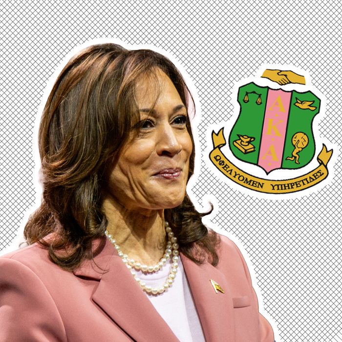 Vice-President Kamala Harris wears a pink suit and pearls in this photo collage. The crest of the Alpha Kappa Alpha sorority is over her right shoulder.