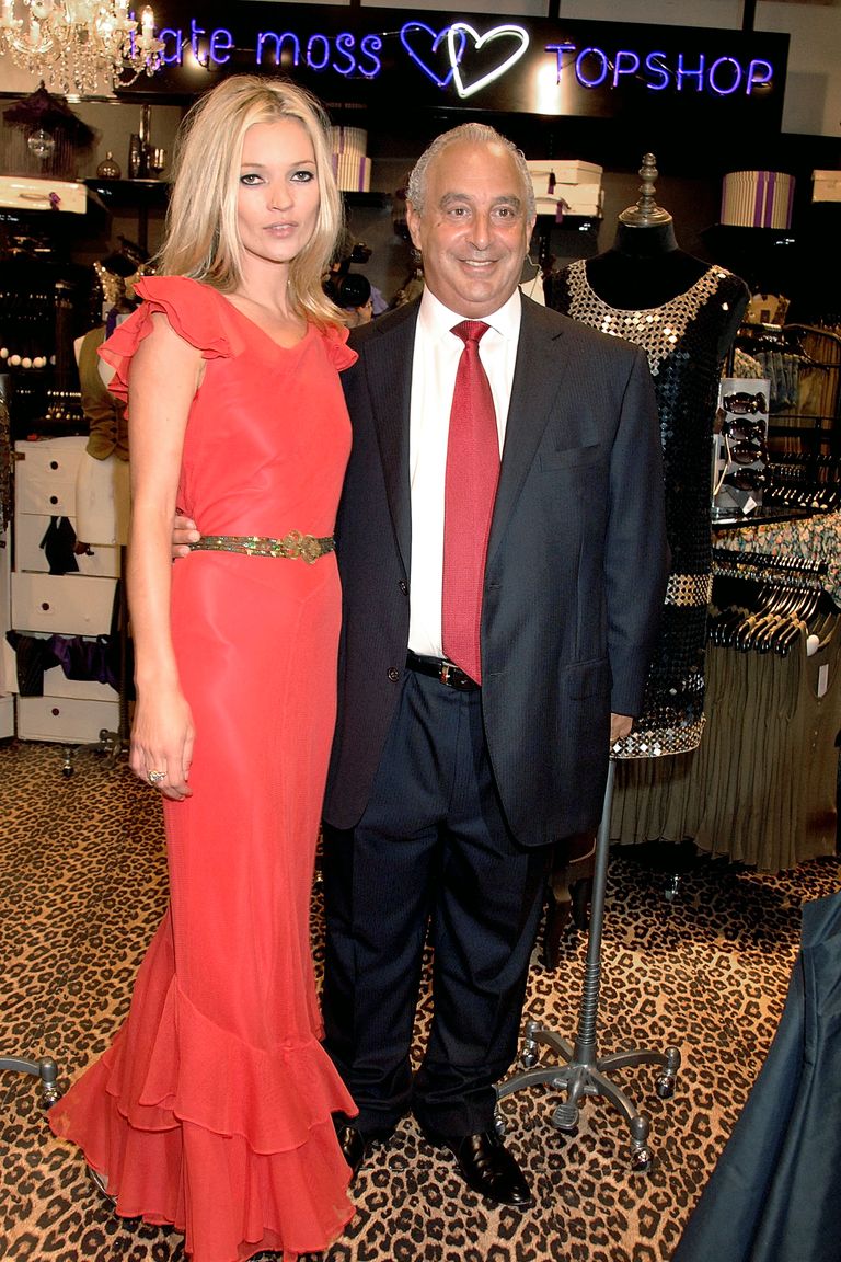 LONDON - APRIL 30:  (EMBARGOED FOR PUBLICATION IN UK TABLOID NEWSPAPERS UNTIL 48 HOURS AFTER CREATE DATE AND TIME)  Model Kate Moss and Sir Phillip Green pose during her launch of her new Topshop clothes range, at Topshop Oxford Circus on April 30, 2007 in London, England.  (Photo by Dave M. Benett/Getty Images)