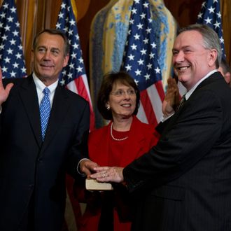 Rep. Steve Stockman, R-Texas, second from right, participates in a mock swearing-in ceremony with Speaker of the House Rep. John Boehner, R-Ohio, for the 113th Congress on Thursday, Jan. 3, 2013 in Washington. 