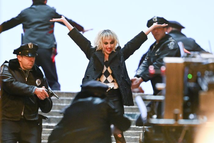 Lady Gaga’s Harley Quinn Filming on Joker Stairs, City Hall
