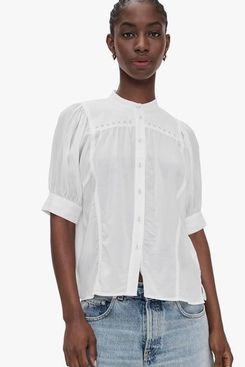 Madewell Embroidered Puff-Sleeve Band-Collar Shirt