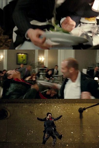 Statham slams you in the throat with a dinner plate, smashes you into a table, then leaps out a window with you, using your body to cushion his landing. (Safe)