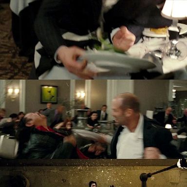 Statham slams you in the throat with a dinner plate, smashes you into a table, then leaps out a window with you, using your body to cushion his landing. (Safe)