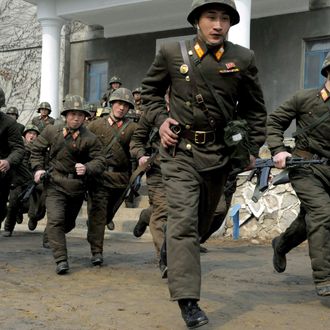 Soldiers of Kim Il Sung Military University perform military training on Wednesday, March 6, 2013, in Pyongyang, North Korea. North Korea's military is vowing to cancel the 1953 cease-fire that ended the Korean War, straining already frayed ties between Washington and Pyongyang as the United Nations moves to impose punishing sanctions over the North's recent nuclear test.