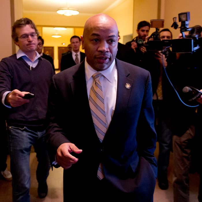 Assemblyman Carl Heastie, D-Bronx, walks to a meeting, Monday, Feb. 2, 2015, in Albany, N.Y. Assembly Speaker Sheldon Silver's 21 years as the leader of the Assembly will come to a close Monday night when he steps down following federal corruption charges. The resignation will be effective at 11:59 p.m., an unceremonious end to the second-longest tenure by a current speaker in any U.S. statehouse. (AP Photo/Mike Groll)
