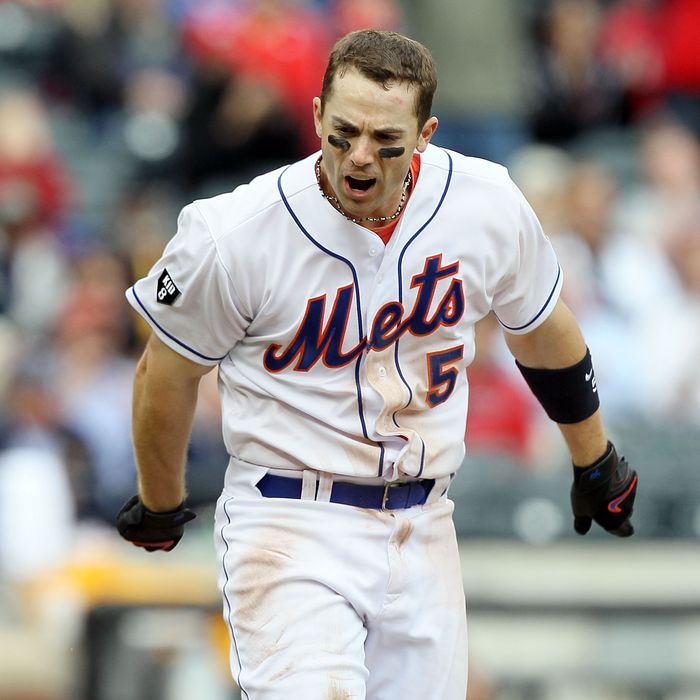 David Wright #5 of the New York Mets reacts after flying out for the final out of the eighth inning against the St. Louis Cardinals at Citi Field on June 4, 2012 in the Flushing neighborhood of the Queens borough of New York City.