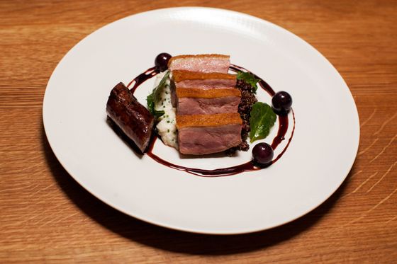 Dry-aged duck and kebab, turnips, tangy grapes