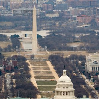 The skyline of Washington, DC, including the US Capitol building, Washington Monument, Lincoln Memorial and National Mall, is seen from the air, January 29, 2010. AFP PHOTO / Saul LOEB (Photo credit should read SAUL LOEB/AFP/Getty Images)