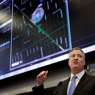 New York City Mayor Bill de Blasio speaks during a news conference at police headquarters in New York, Monday, March 16, 2015. De Blasio and police commissioner Bill Bratton were talking about Shotspotter, a new technology that the NYPD is using to detect gunfire throughout New York City. (AP Photo/Seth Wenig)