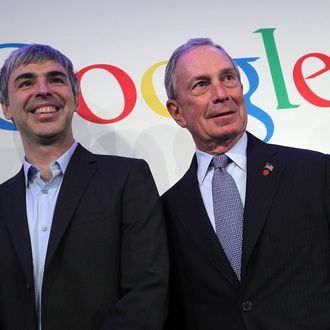 New York City Mayor Michael Bloomberg (R) and Google co-founder and CEO Larry Page pose for a photograph after a news conference at the Google offices on May 21, 2012 in New York City. Google announced today that it will allocate 22,000 square feet of space in its New York headquarters to CornellNYC Tech while the university completes its new campus on Roosevelt Island.