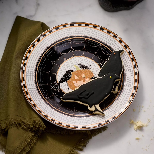 Anthropologie Bistro Tile Stoneware 24K Gold Accent Halloween Dessert Plate