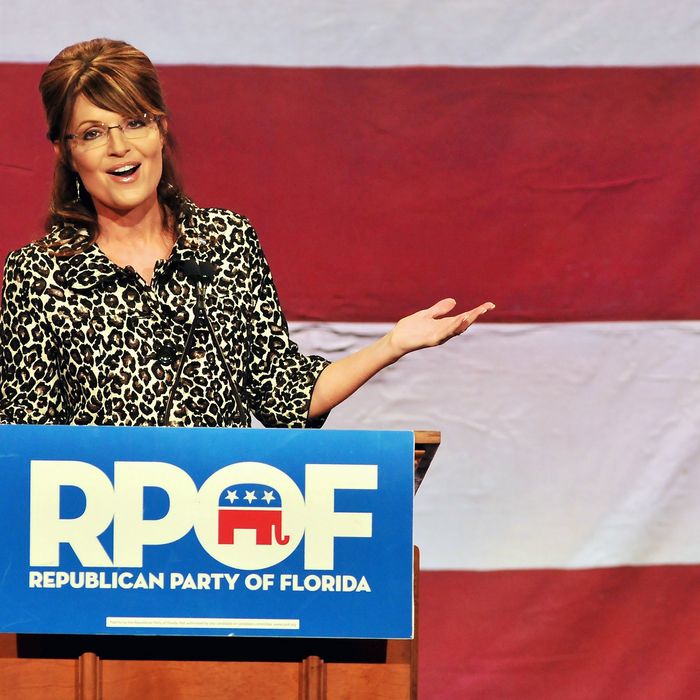 LAKE BUENA VISTA, FL - NOVEMBER 3: Former Alaska governor Sarah Palin speaks during the Republican Party of Florida's fundraising event at Disney's Grand Floridian Resort on November 3, 2011 in Lake Buena Vista, Florida. About 800 people attended the fundraiser to listen to Palin speak, along with Governor Rick Scott and the Attorney General Pam Bondi. (Photo by Roberto Gonzalez/Getty Images)