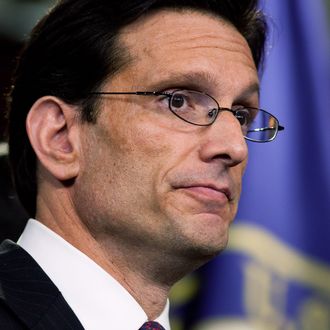 WASHINGTON - APRIL 07: House Majority Leader Eric Cantor (R-VA) speaks at a news conference on Capitol Hill on April 7, 2011 in Washington, DC. Cantor discussed a continuing resolution passed by the House of Representatives that would fund the Department of Defense for an additional week while the current budget stalemate is negotiated. (Photo by Brendan Hoffman/Getty Images) *** Local Caption *** Eric Cantor