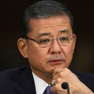 WASHINGTON, DC - MAY 15: U.S. Veterans Affairs Secretary Eric Shinseki testifies before the Senate Veterans' Affairs Committee about wait times veterans face to get medical care May 15, 2014 in Washington, DC. The American Legion called Monday for the resignation of Shinseki amid reports by former and current VA employees that up to 40 patients may have died because of delayed treatment at an agency hospital in Phoenix, Arizona. (Photo by Chip Somodevilla/Getty Images)