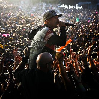 Limp Bizkit's American lead singer Fred Durst performs during the Rock in Rio Lisboa music festival at Bela Vista Park in Lisbon on May 26, 2012. Rock in Rio runs from May 25 to June 3, 2012. AFP PHOTO / PATRICIA DE MELO MOREIRA (Photo credit should read PATRICIA DE MELO MOREIRA/AFP/GettyImages)