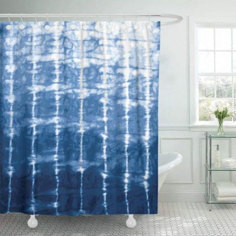 Fabric Shower Curtain with Hooks Watercolor Shibori Indigo Blue Tie Dye
