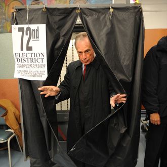 New York City Mayor Michael Bloomberg emerges from a voting booth after casting his ballot November 3, 2009 at an elementary school in New York in bid to win a third term as mayor of New York City against Democratic opponent William C.Thompson, Jr. 