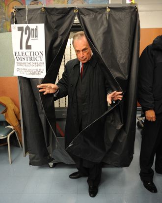 New York City Mayor Michael Bloomberg emerges from a voting booth after casting his ballot November 3, 2009 at an elementary school in New York in bid to win a third term as mayor of New York City against Democratic opponent William C.Thompson, Jr. 