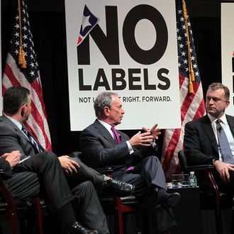 NEW YORK, NY - DECEMBER 13: New York City Mayor Michael Bloomberg (2nd R) speaks on a panel which includes moderator Michael Castle (R), California Lt. Governor Abel Maldonado (2nd L) and U.S. Rep. Michael Castle (R-DE) at the launch of the unaffiliated political organization known as No Labels December 13, 2010 at Columbia University in New York City. The event features numerous politicians, journalists and citizens in a series of panels which address some of the most intractable political issues in America. Led by Republican political consultant Mark McKinnon, Democratic consultant Kiki McLean, political advisor Nancy Jacobson and CNN contributor John Avlon, the group looks to find solutions to problems partly by getting politicians to put aside their partisan behavior in order to find common ground. (Photo by Spencer Platt/Getty Images) *** Local Caption *** Abel Maldonado;Michael Castle;Charlie Crist;Michael Bloomberg