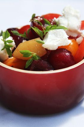 Tomato, stone fruit, and goat cheese.