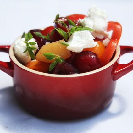 Tomato, stone fruit, and goat cheese.
