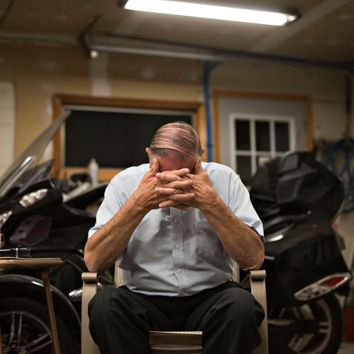 Henry Rayhons, an Iowa state legislator, pauses during an interview in Garner, Iowa, U.S., on Wednesday, Oct. 8, 2014. Rayhons is awaiting trial on a felony charge that he raped his late wife Donna Young at a nursing home where she was living. The Iowa Attorney General's office says Rayhons had intercourse with his wife when she lacked the mental capacity to consent because she had Alzheimer's. She died on Aug. 8, four days short of her 79th birthday, of complications from the disease. Photographer: Daniel Acker/Bloomberg via Getty Images