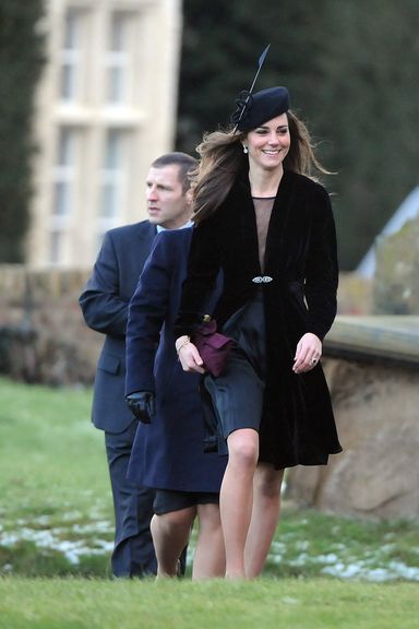 Non-exclusive pictures show HRH Prince William and Kate Middleton attending the wedding of their friends Harry Aubrey-Fletcher, son of Sir Henry Egerton Aubrey-Fletcher, 8th Baronet, of Cleahall, co. Cumberland and The Honourable Sarah Louise Stourton daughter of Edward Stourton, 28th Baron Segrave at the church of St Andrew, Aldborough, Boroughbridge. Also present were Prince Harry, Princess Beatrice and Dave Clark. Pictured: Kate MiddletonRef: SPL239600  080111  Picture by: Mirrorpix / Splash NewsSplash News and PicturesLos Angeles:	310-821-2666New York:	212-619-2666London:	870-934-2666photodesk@splashnews.com