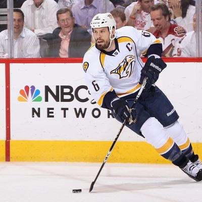 David Schlemko #3 of the Nashville Predators skates with the puck in Game Five of the Western Conference Semifinals against the Phoenix Coyotes during the 2012 NHL Stanley Cup Playoffs at Jobing.com Arena on May 7, 2012 in Glendale, Arizona. The Coyotes defeated the Predators 2-1 to win the series 4 games to 1. 