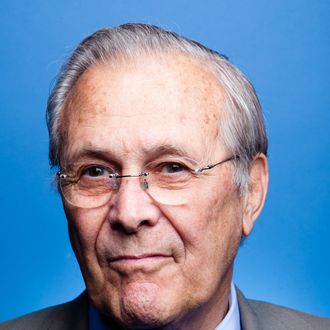 Former Secretary of Defense Donald Rumsfeld poses for a portrait at SiriusXM studios before being interviewed by SiriusXM Patriot host David Webb on April 26, 2011 in Washington, DC.