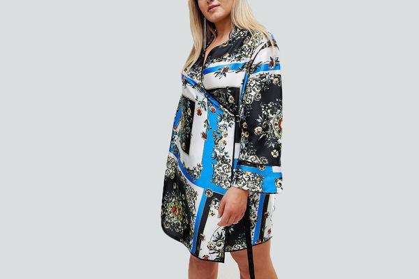 ASOS DESIGN Curve scarf print wrap mini dress with long sleeves and piping