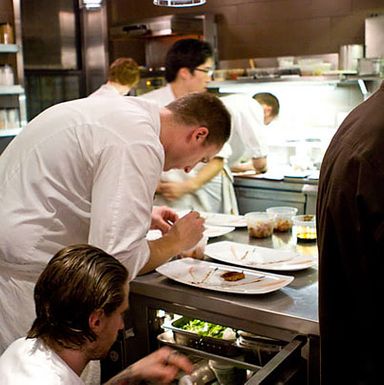 Executive chef Dave Beran plates the civet of rabbit (El Bulli no. 686, from 2000).