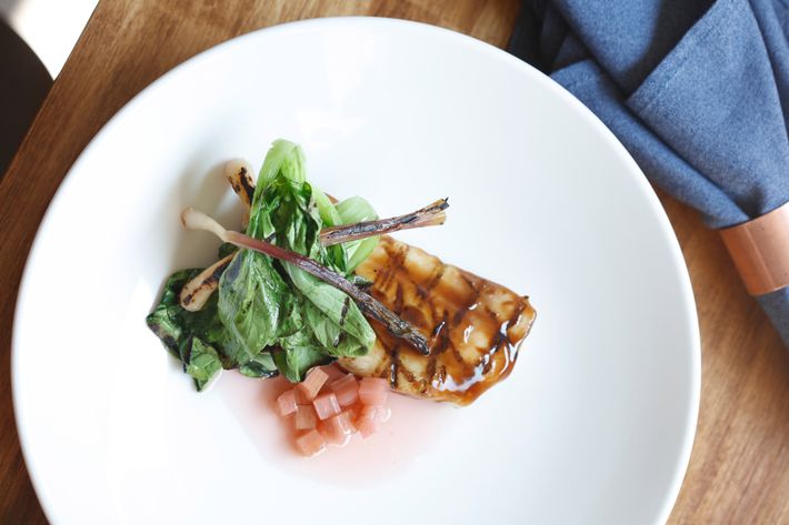 Grilled dogfish with rhubarb and Swiss chard.