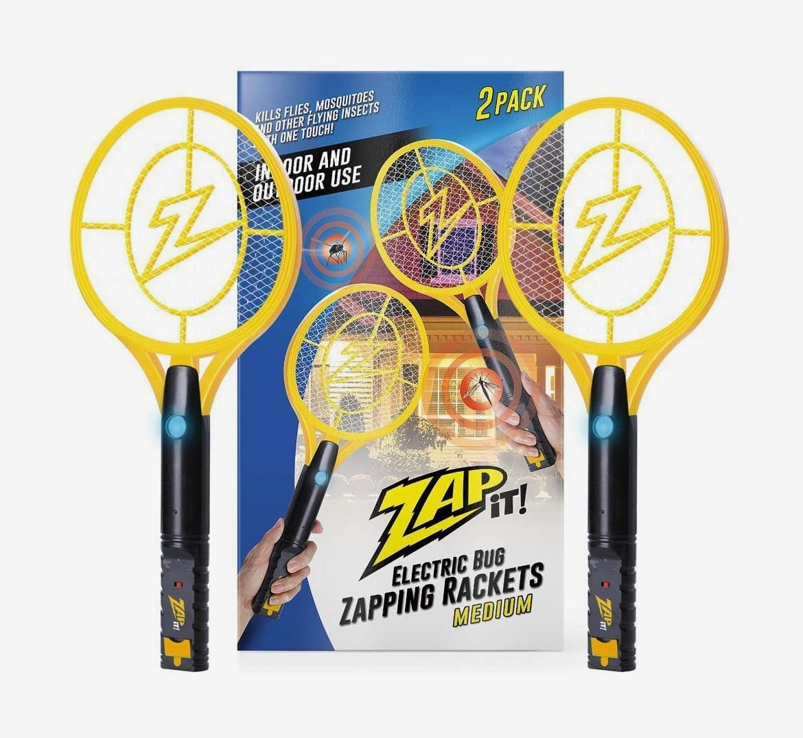 Mini, Yellow Rechargeable Mosquito Fly Killer and Bug Zapper Racket with Blue Light Attractant ZAP IT Bug Zapper Twin-Pack 