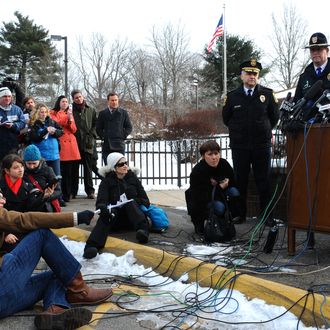 Newtown Superintendent Janet Robinson, right, speaks at a news conference before the return of classes for Sandy Hook Elementary School, in Monroe, Conn., Wednesday, Jan. 2, 2013. School resumes Wednesday for students in Newtown, except for the Sandy Hook Elementary School students, who will begin classes on Thursday at a school that was overhauled specially for them in the neighboring town of Monroe, Conn.