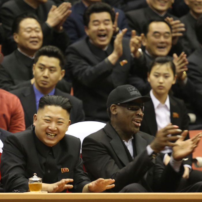 North Korean leader Kim Jong Un, left, and former NBA star Dennis Rodman watch North Korean and U.S. players in an exhibition basketball game at an arena in Pyongyang, North Korea, Thursday, Feb. 28, 2013. Rodman arrived in Pyongyang on Monday with three members of the Harlem Globetrotters basketball team to shoot an episode on North Korea for a new weekly HBO series. 