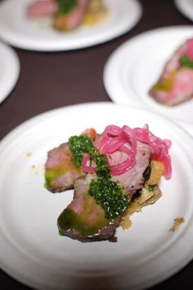 From Porter House New York: prime New York strip steak with mushroom, beets, pickled-onion panzanella.