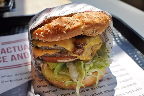 This hamburger is buttressed with iceberg lettuce and dill-pickle chips.