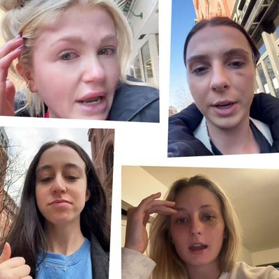 Two blonde women and two brunette women speak to the camera in these four screenshots of TikTok videos.