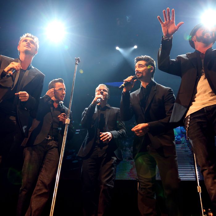 HOLLYWOOD, CA - APRIL 25: (L-R) Singers Nick Carter, Howie Dorough, Brian Littrel, Kevin Richardson, and AJ McLean of the Backstreet Boys perform onstage during the Second Annual Hilarity For Charity benefiting The Alzheimer's Association at the Avalon on April 25, 2013 in Hollywood, California. (Photo by Chelsea Lauren/Getty Images for Hilarity for Charity)