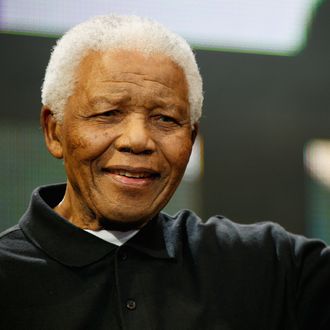 LONDON - JUNE 27: Nelson Mandela poses onstage during the 46664 Concert In Celebration Of Nelson Mandela's Life held at Hyde Park on June 27, 2008 in London, England. (Photo by Gareth Davies/Getty Images)