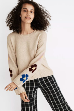 Madewell Belmore Floral-Sleeve Pullover Sweater in Coziest Textured Yarn